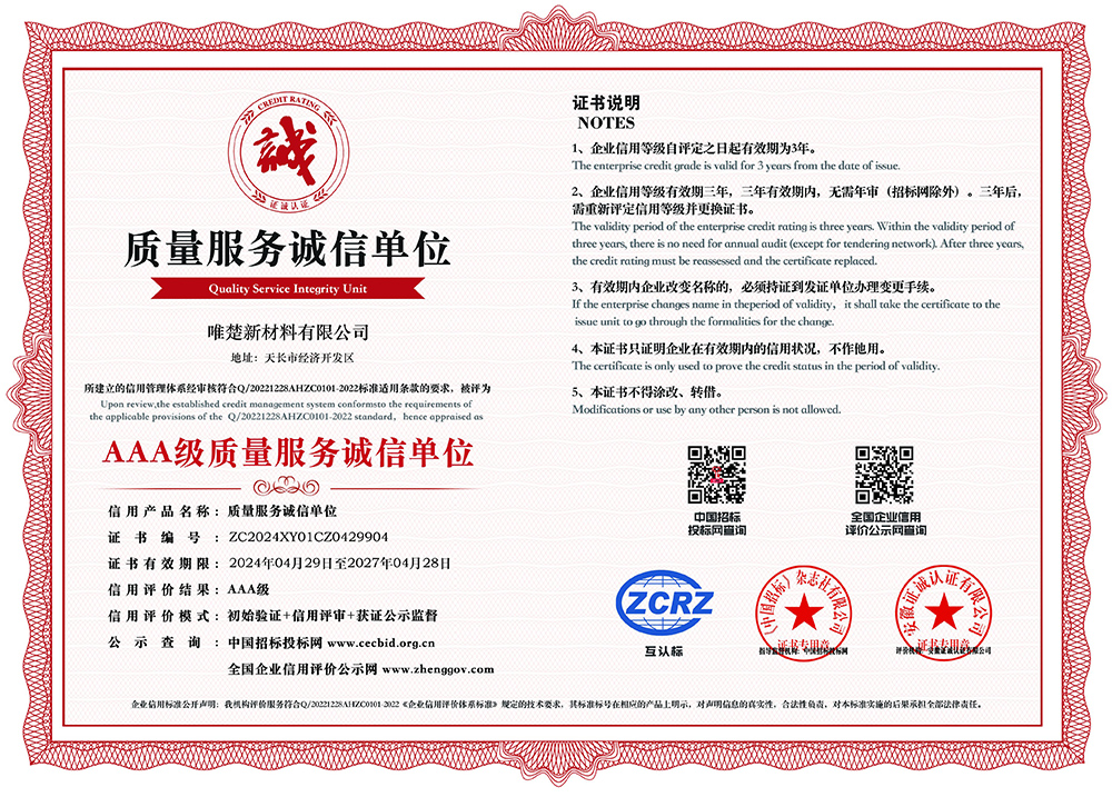 AAA級質(zhì)量服務(wù)誠信單位